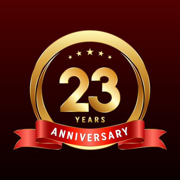 23th Anniversary logo design with golden ring and red ribbon Logo Vector Template Illustration