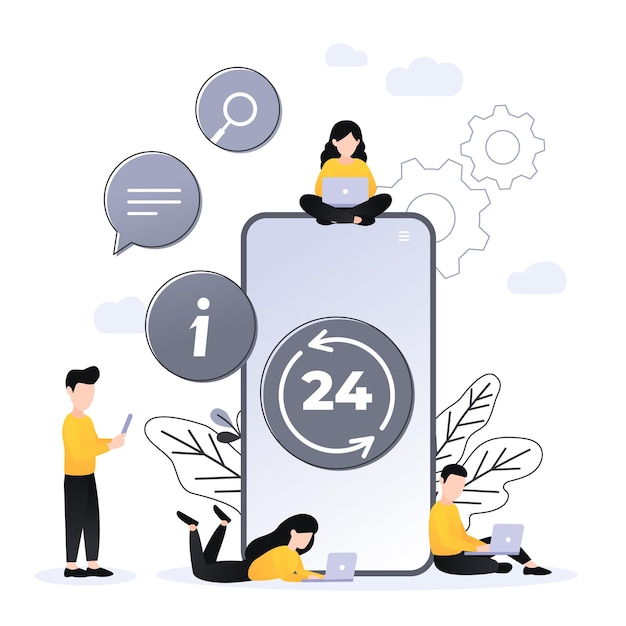 24 7サービスの概念またはコールセンター、フラットなベクトル図のラップトップを持つ大きなスマートフォンと小さな人々。ノンストップのカスタマーサポート。 Webバナー用のモバイルセルフサービスレイアウトテンプレート。