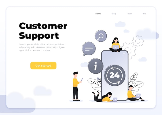 24 7 service concept or call center, big smartphone and small people with laptops in flat vector illustration. nonstop customer support. Mobile self-service layout template for web banner.