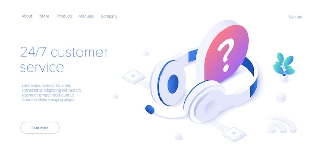 Vector 24/7 service concept or call center in isometric vector illustration. 24 7 round the clock or nonstop customer support background. mobile self-service layout template for web banner.
