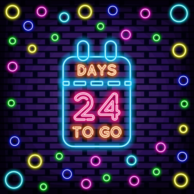 Значок 24 Days To Go в неоновом стиле, светящийся красочным неоновым светом Light art