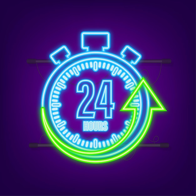 Vector 24 hours clock arrow. neon icon. work time effect or delivery service time. vector stock illustration.