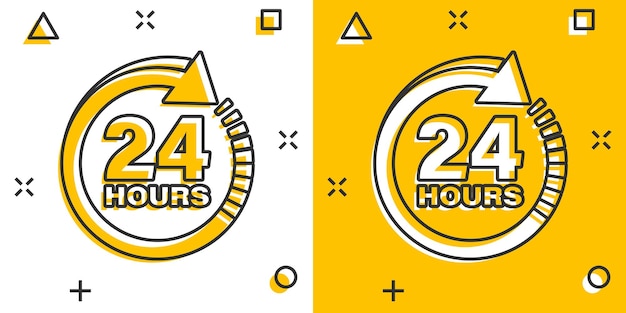 24 hours clock sign icon in comic style Twenty four hour open vector cartoon illustration on white isolated background Timetable business concept splash effect