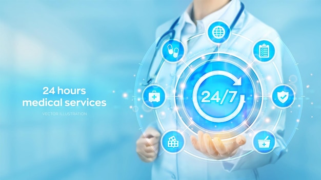 24 hours medical servises 247 medical call center emergency patient support first aid doctor holding in hand 24x7 sign and medicine icons network connection on virtual screen vector illustration