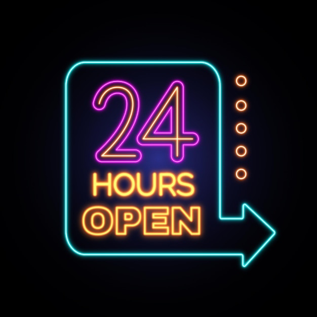 Vector 24 hours open neon light sign design, neon light text vector graphic illustration