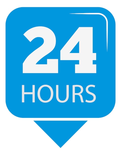 24 hours sign. Blue badge for all time available service isolated on white background