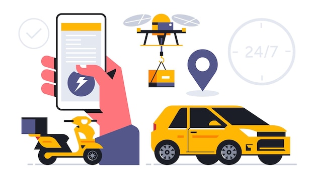 24-uurs online bezorgservice voor pakketten en eten thuis snelle bezorgbestelling via mobiele applicatie handtelefoon app scherm slimme drone auto scooter motorfiets bromfiets vectorillustratie