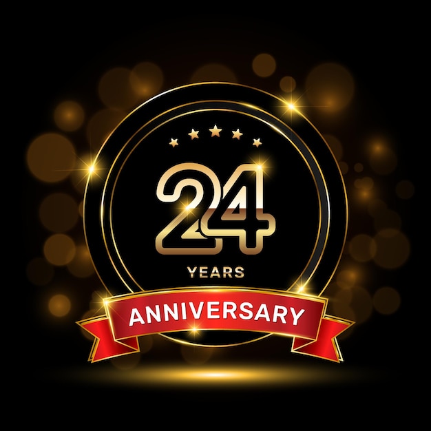 24 year anniversary logo with a gold emblem shape and red ribbon