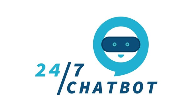 247 Chatbot 지원 연설 거품 기호가 있는 귀여운 봇 Chatbot 로고 디자인 봇 온라인 상담 및 지원 서비스 플랫 벡터 그림