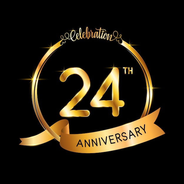 24th Anniversary template design with gold color ribbon and ring Logo Vector Template