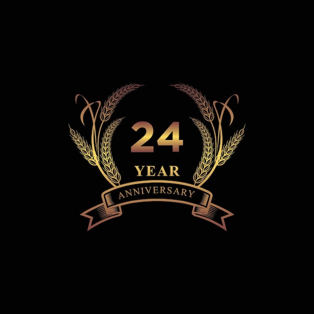 Логотип 24-й золотой годовщины с вектором лаврового венка с кольцом и лентой