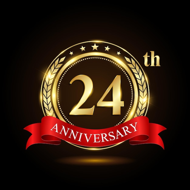 Vector 24th golden anniversary logo with shiny ring and red ribbon laurel wrath isolated on black background vector design