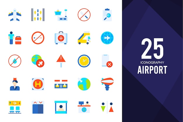 25 плоских иконок аэропорта упаковывают векторную иллюстрацию