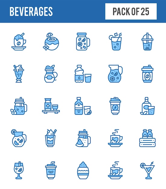 25 bevande illustrazione vettoriale del pacchetto di icone a due colori