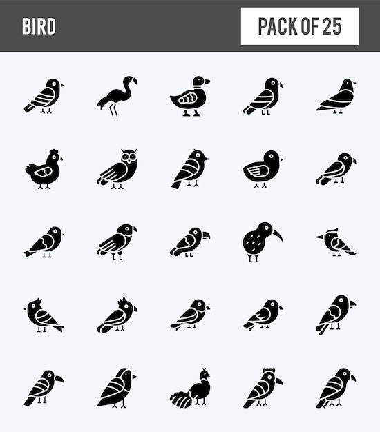 25 значков Bird Glyph упаковывают векторную иллюстрацию