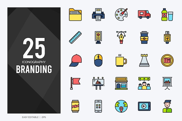 25 branding lijnkleur iconen pack vectorillustratie