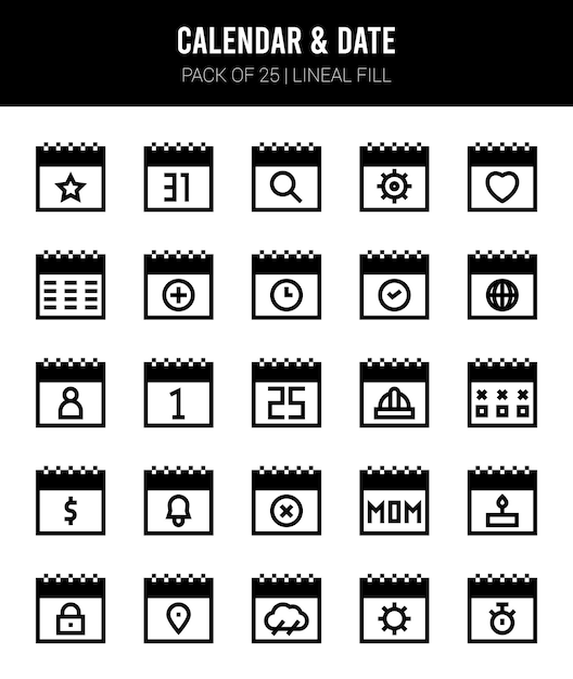 25 Calendar and Date Lineal Fill icons Pack vector illustration