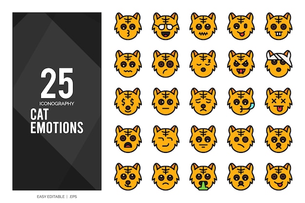 25 Cat Emotions Lineal Color icon pack vector illustration