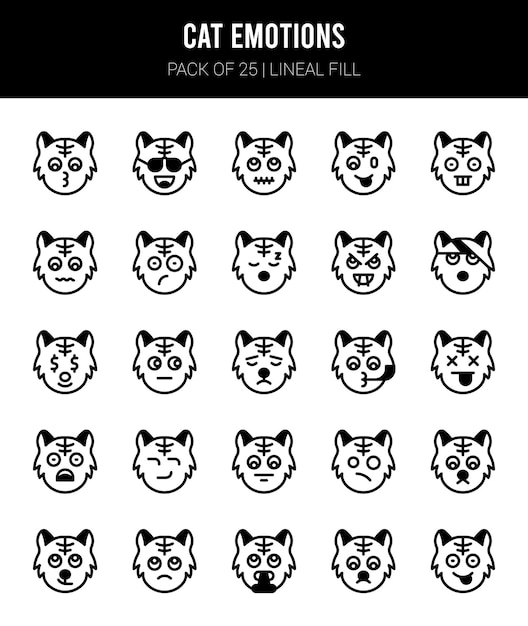 25 Cat Emotions Lineal Fill icons Пакет векторных иллюстраций