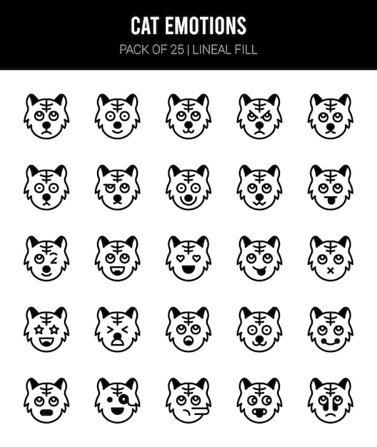 25 cat emotions lineal fill icons pack vector illustration