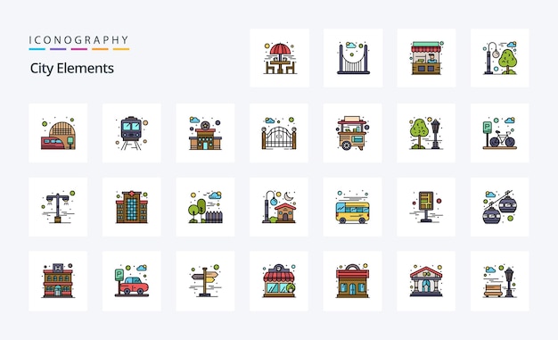 Vector 25 city elements line filled style icon pack