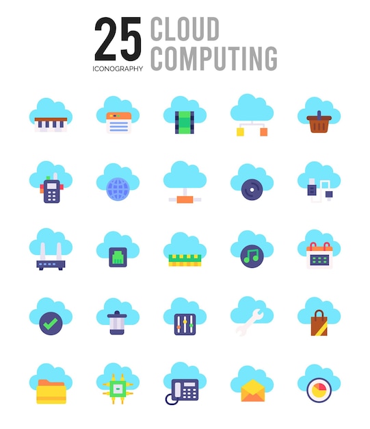 25 illustrazione vettoriale del pacchetto di icone piatte per il cloud computing