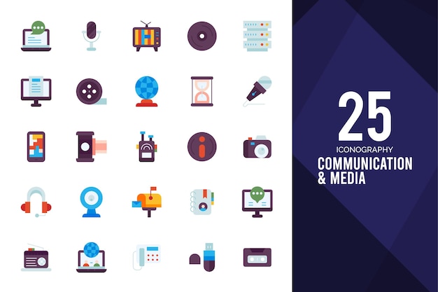 25 Communication And Media Flat icon pack vector illustration