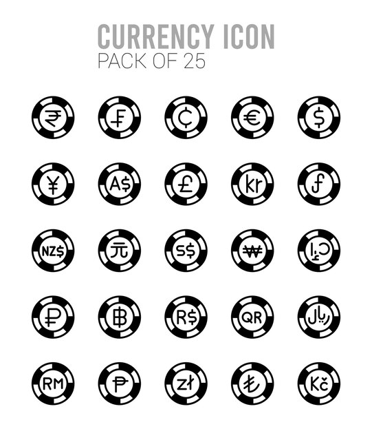 Vettore illustrazione vettoriale del pacchetto di icone di riempimento lineare delle monete in valuta da 25