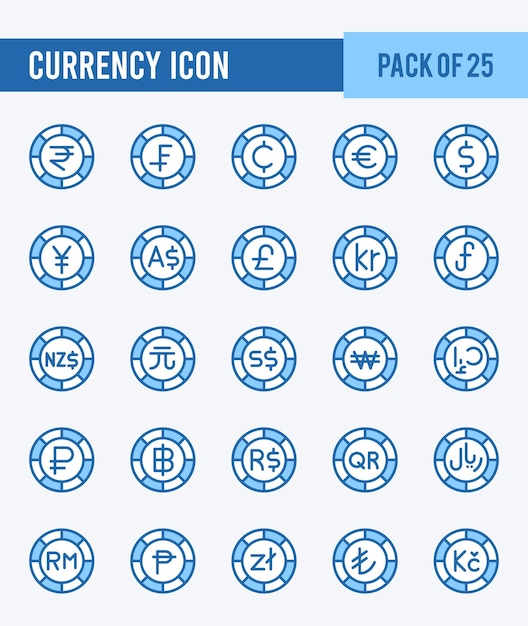 Vector 25 currency coin two color icons pack vector illustration