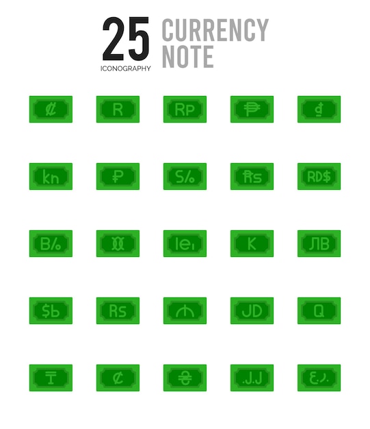 Illustrazione vettoriale del pacchetto di icone piatte per note di valuta 25