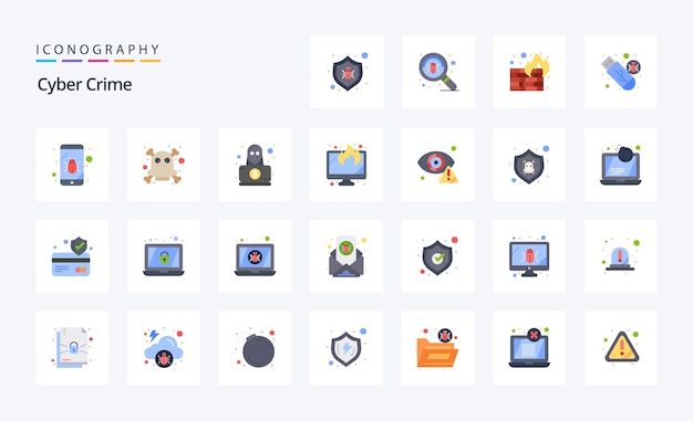 25 サイバー犯罪フラット カラー アイコン パック ベクトル アイコン イラスト