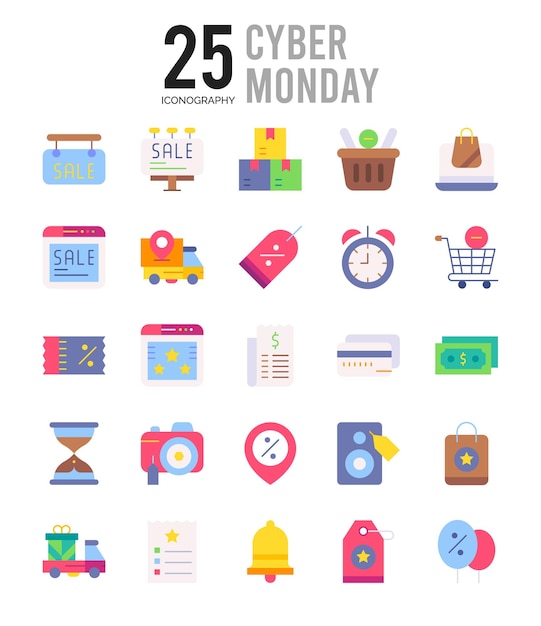 25 illustrazione vettoriale del pacchetto icone cyber monday flat