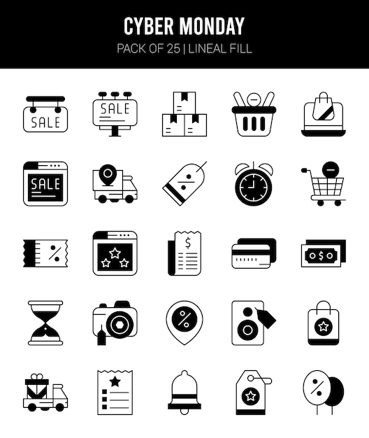 25 Cyber Monday Lineal Fill icons Pack vector illustration