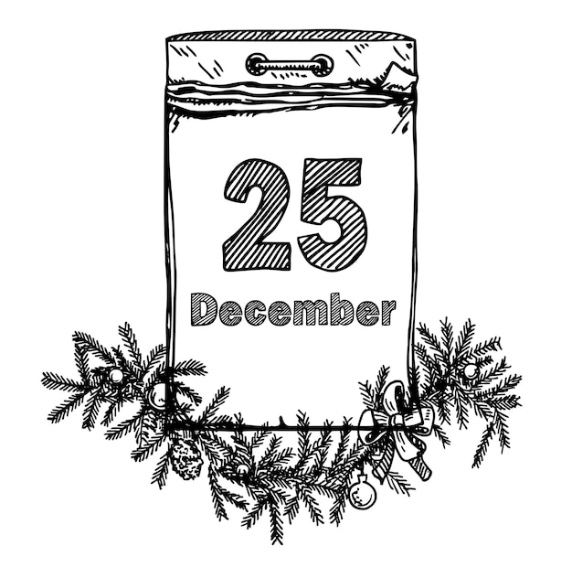 Vector 25 december schets kalenderpictogram kerstmis 25 december datum wandkalender met gescheurde vellen