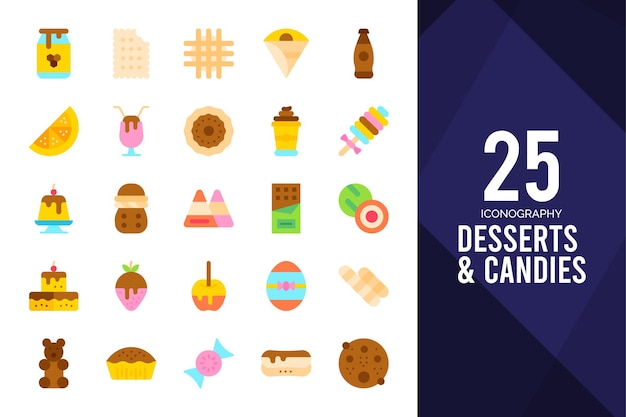 25 Desserts and Candies Flat icon pack vector illustration