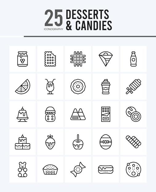 25개의 디저트와 사탕 선형 채우기 아이콘 팩 벡터 그림