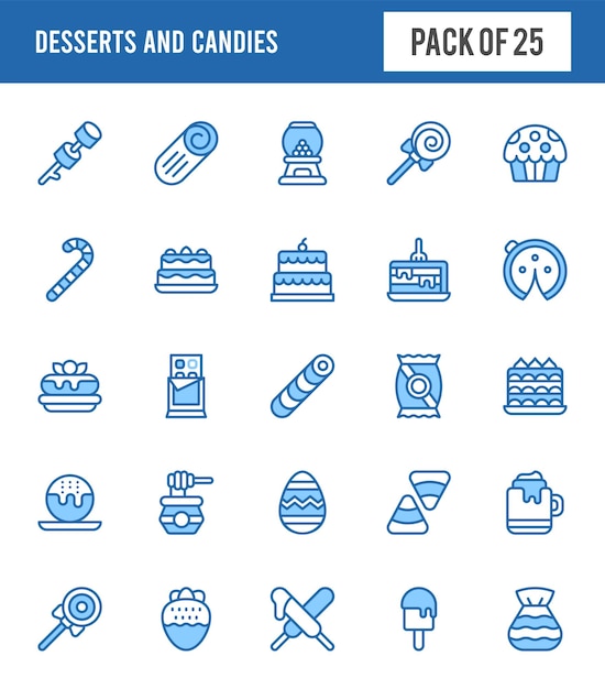 25 のデザートとキャンディー 2 色のアイコン パックのベクトル図