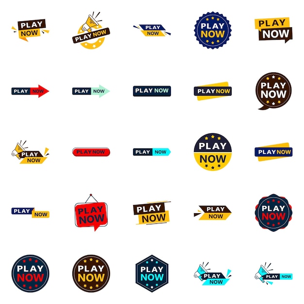 Vector 25 diverse play now banners to promote your products or services