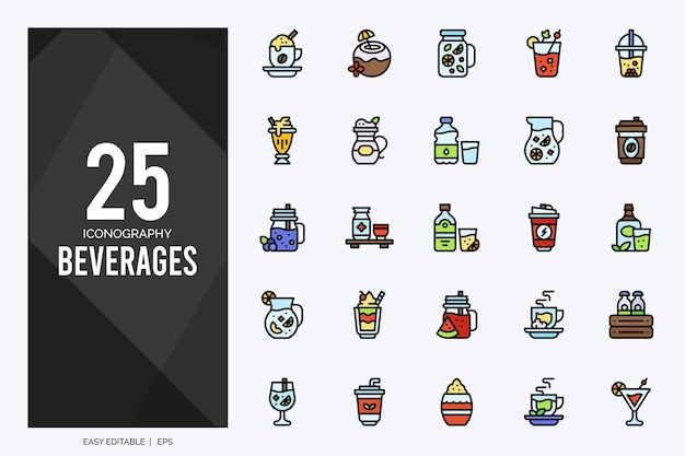 25 dranken lijnkleur iconen pack vectorillustratie