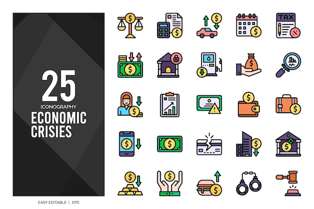 25 Economic Crisies Lineal Color icon pack vector illustration
