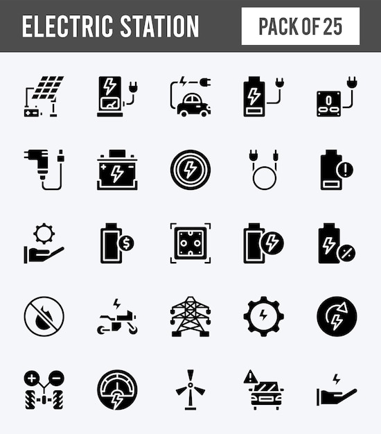 25 Electric Station Glyph icons pack vector illustration