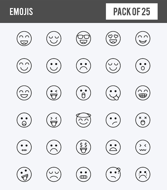25 линейных расширенных значков Emojis упаковывают векторную иллюстрацию
