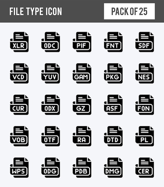 Vettore 25 tipo di file glyph icon pack illustrazione vettoriale