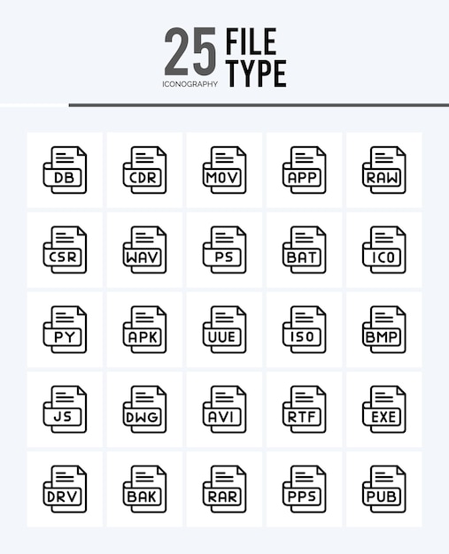 25 ファイルの種類の概要アイコン パックのベクトル図