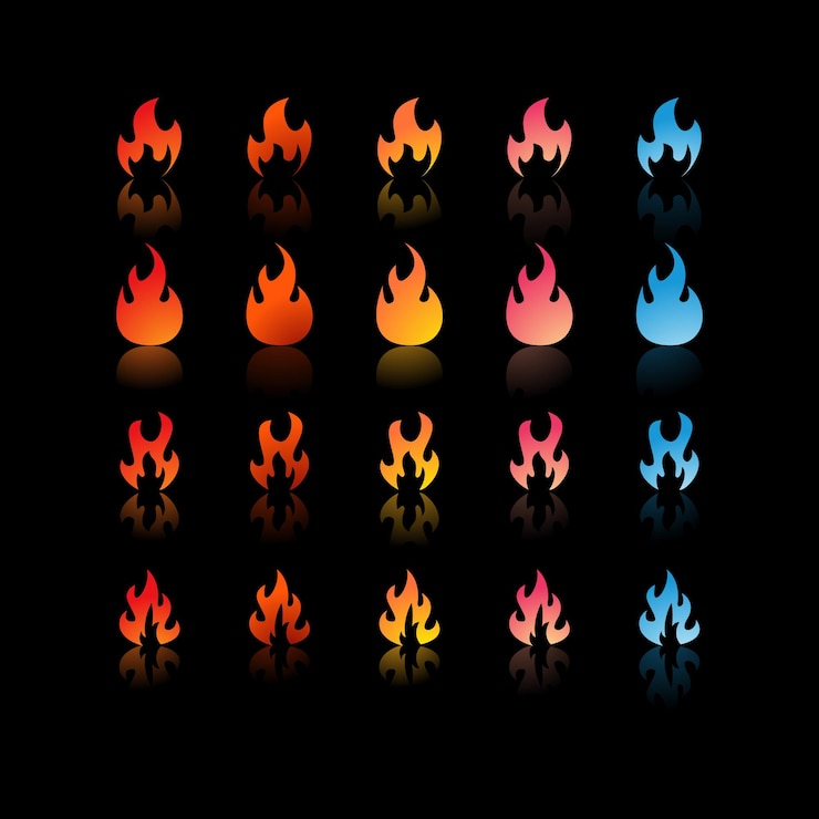 Vector 25 fire icons with varying gradients and shapes in colors ranging from red orange yellow pink to