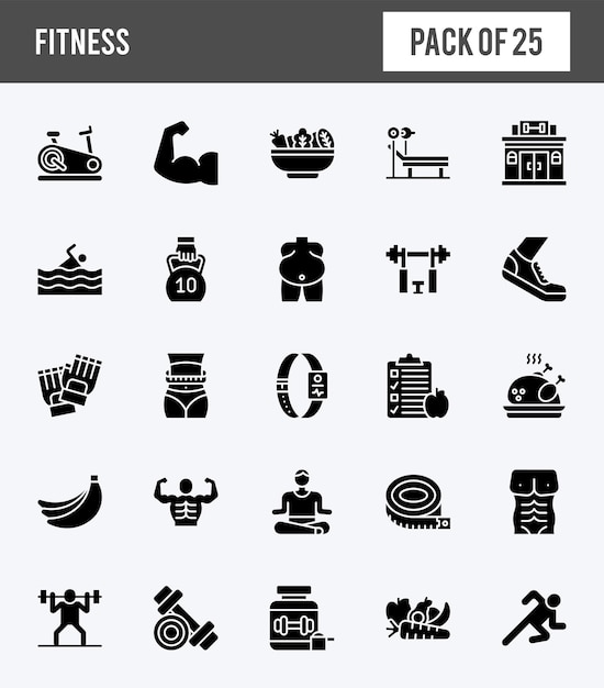 25 Fitness Glyph 아이콘 팩 벡터 일러스트레이션