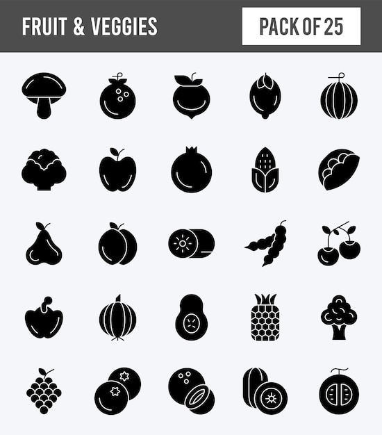25 の果物と野菜のグリフ アイコン パック ベクトル イラスト