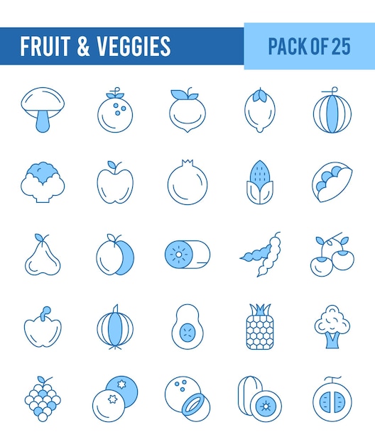 25 の果物と野菜の 2 つの色のアイコン パックのベクトル図