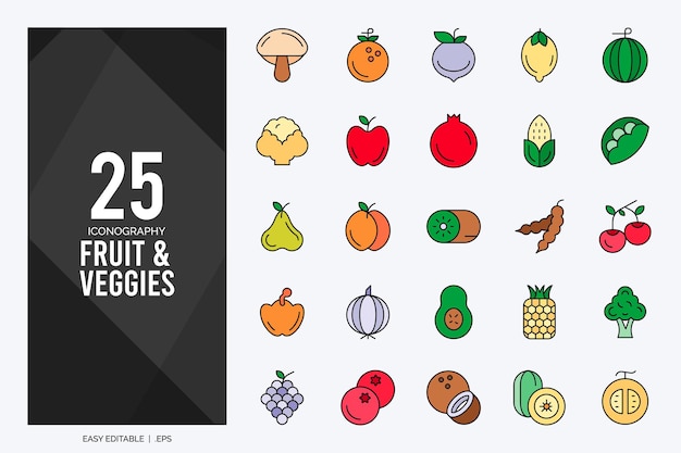 Vector 25 groenten en fruit lineal color icon pack vector illustratie