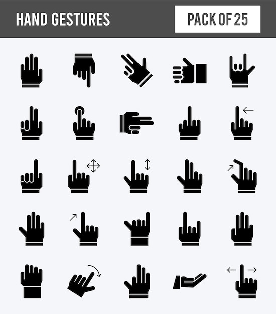 25 Hand Gestures Glyph icon pack vector illustration